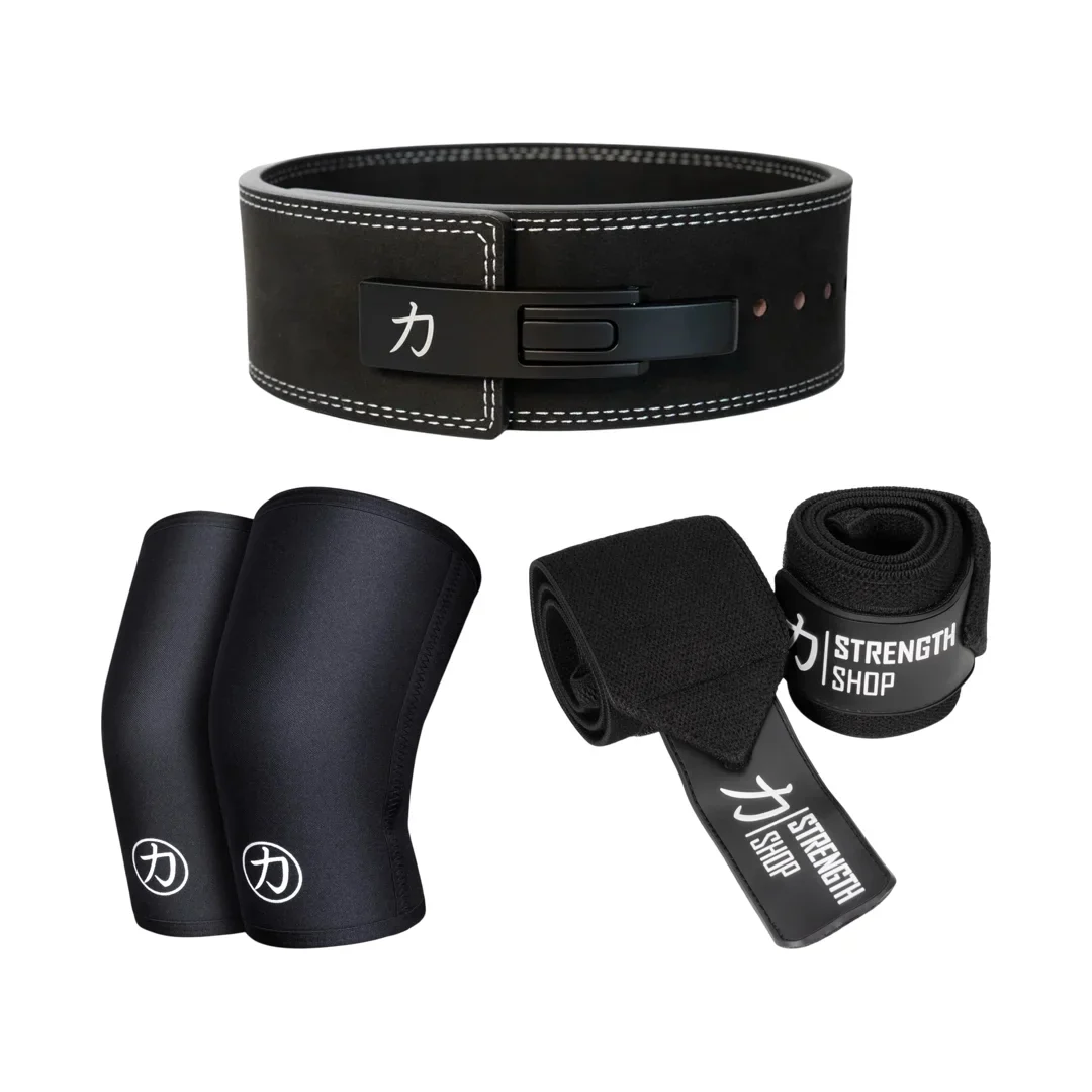 Strength Stack - Black - 10mm Lever Belt, 7mm Inferno Knee Sleeves & Zeus Wrist Wraps - Image 2